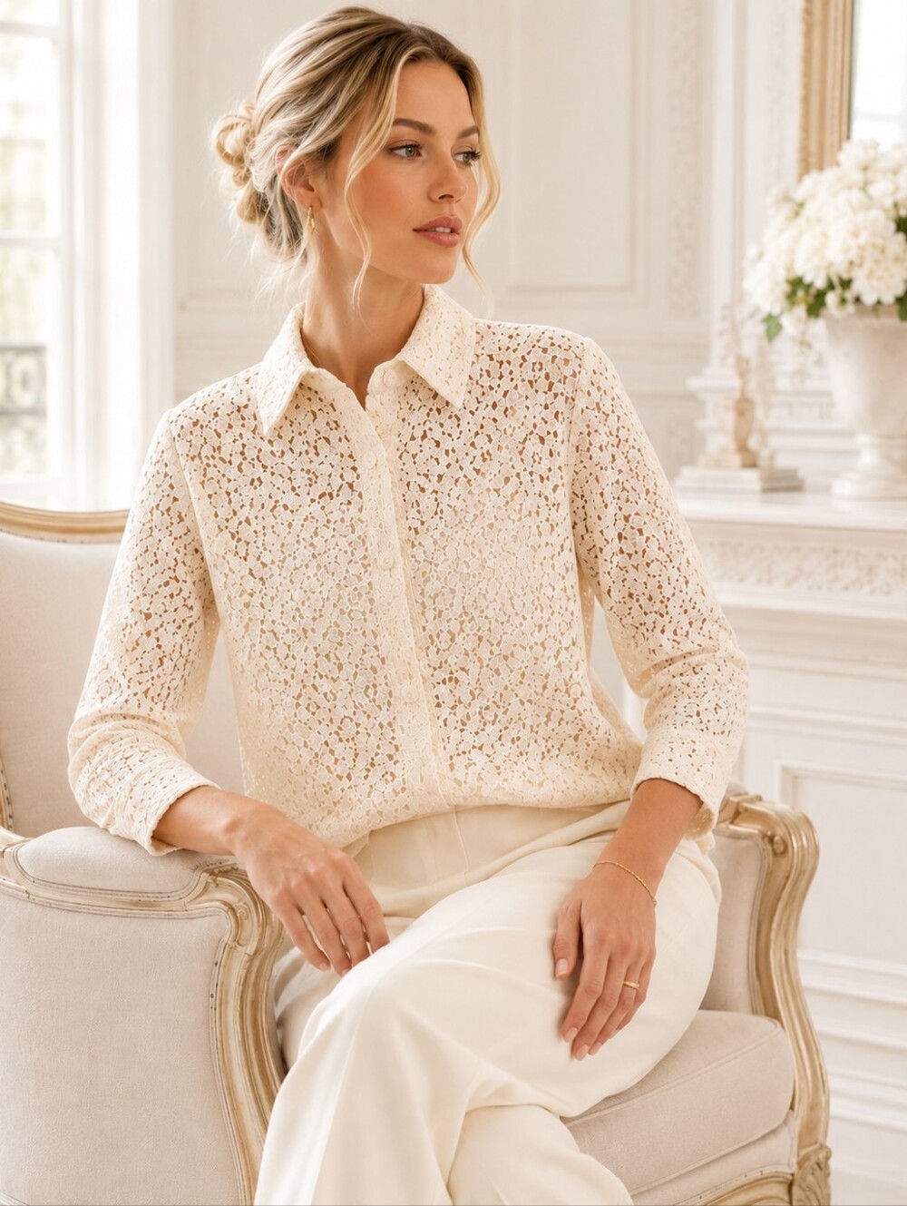 Van Heusen Ivory Lace Button Front Blouse Women’s Large Romantic Feminine